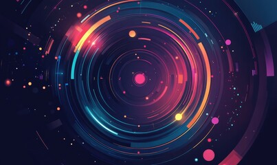 Poster - Dynamic circular frames with drop circles illustrating AI technology and science in a vibrant 2D cartoon style complemented by musical elements