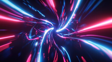 Abstract digital illustration featuring glowing neon rotating lights Motion conceptual wallpaper with glossy presentation design elements and spinning rays of light