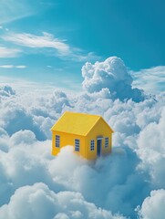 Poster - Imaginary 3D depiction of a floating yellow house amidst clouds under a bright blue sky