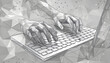 © Synaf official - Digital 3d human hands typing on computer or laptop keyboard. Office work, workplace or business concept. Abstract vector wireframe isolated in white. Low poly sketch drawing with dots and lines .