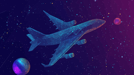 Poster - Abstract Vector Wireframe Aircraft Origami with Starry Space Background, Minimalist Design Showing Planets, Stars, and the Universe Cosmos Concept