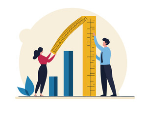 Poster - Business Growth KPI Measurement Concept, Business Team Using Measuring Tape on Bar Graph for Performance Evaluation, Flat Minimalist Vector Illustration