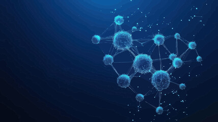 Poster - Abstract Low Poly Molecular Structure on Blue Background, Science and Medical Concept with Connected Dots and Starry Sky, Flat Minimalist Digital Vector