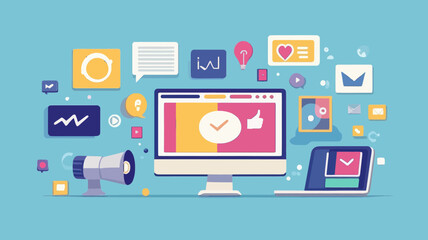 Poster - Flat Design Social Media Icons and Interface Concepts for Online Communication and Digital Marketing with Laptop and Desktop Computer