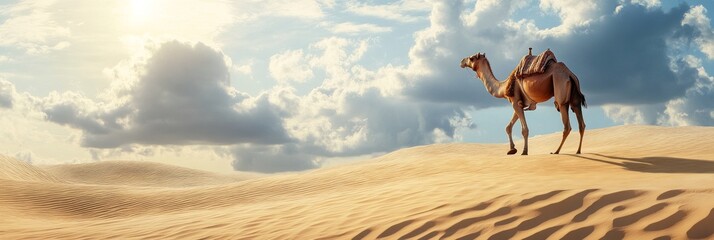 In the heat of the day, a camel walks across a desert dune, with a picturesque sky on the background