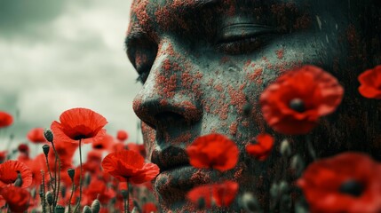 Poster - Artistic depiction of a soldier face combined with a field of red poppies