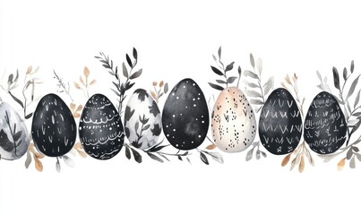 Sticker - Hand drawn composition featuring decorative black Easter eggs on a white background with a horizontal stripe adorned with leaves and watercolor elements