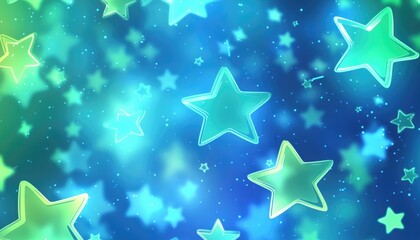 Poster - Light blue and green 2D cartoon template featuring neon stars Decorative illustration filled with stars on an abstract background Ideal design for advertisements posters and banners