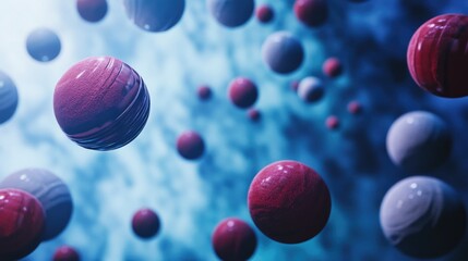 Poster - Striped spheres appear against a blue backdrop featuring a burgundy web silhouette Abstract space design 3D rendering