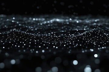 Poster - Black abstract background featuring a high tech network and a cyberspace grid resembling a starry outer space texture 3D illustration