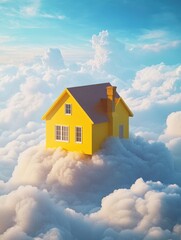 Poster - Imaginary 3D depiction of a floating yellow house amidst clouds under a bright blue sky