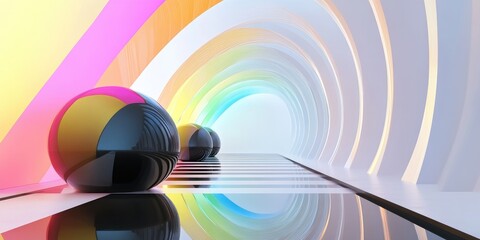 Poster - Abstract interior featuring a glossy rainbow sculpture with black accents Minimalist architectural backdrop 3D illustration and rendering