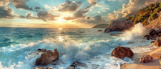 Wall Mural - Serene Sunset Over Waves and Rocky Shoreline