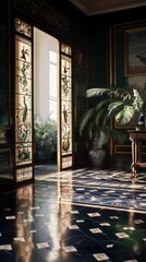 Wall Mural - A serene indoor scene featuring decorative glass doors, lush plants, and intricate flooring illuminated by natural light.