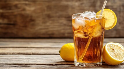 Wall Mural - iced tea with lemon in a glass on a wooden table.