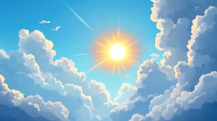 Wall Mural - Bright morning sky featuring fluffy white clouds and a shining sun with a blue horizon and a 2D cartoon nature backdrop representing a sunny spring day for environmental awareness