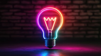 Poster - Colorful neon light bulb icon illuminated against a dark backdrop