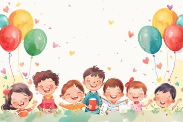 Wall Mural - A group of children are sitting in a field with balloons and smiling