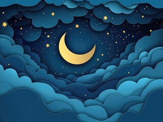 Poster - Paper cut night sky featuring a dreamy backdrop with moon stars and clouds creating an abstract fantasy scene in a 2D cartoon origami style illustration