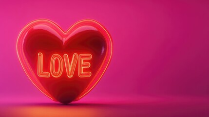 Poster - Neon red heart featuring the word LOVE on a vibrant pink backdrop illustrated in a 2D cartoon style