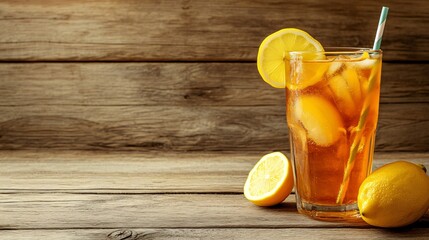 Wall Mural - Iced tea with lemon slices and a straw on wooden background.