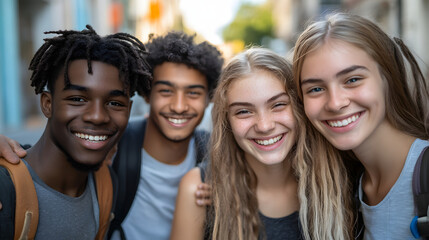 Multi racial friends having fun together on city street - Group of young people smiling at camera outside - Vertical photo