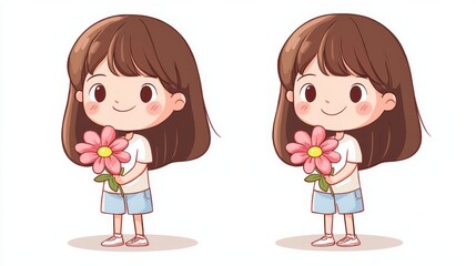 A cute little girl holding flower in hand, happy expression, simple flat style illustration with white background and simple lines, cartoon character design, chibi doll, cute little Asian face, wearin