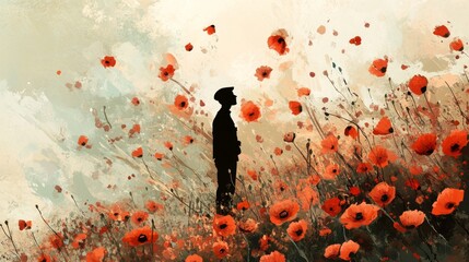 Sticker - A soldier silhouette emerging from a field of poppies