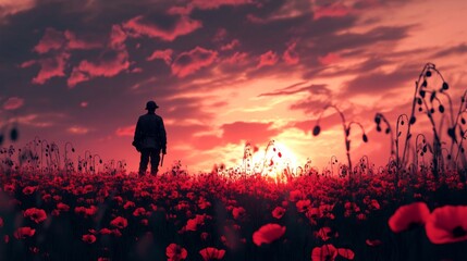 Poster - A soldier silhouette and a field of red poppy flowers