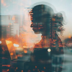 Poster - Silhouette of Woman Working on Laptop with Cityscape