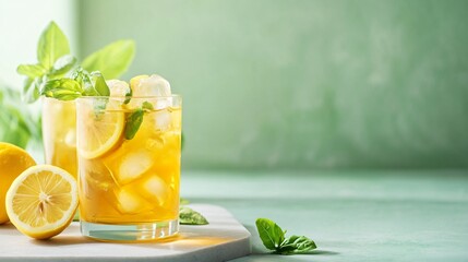 Sticker - Refreshing iced tea with lemon and basil in a glass.