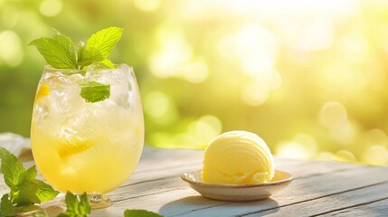Wall Mural - refreshing summer drink with ice and mint and a scoop of vanilla ice cream on a wooden table.