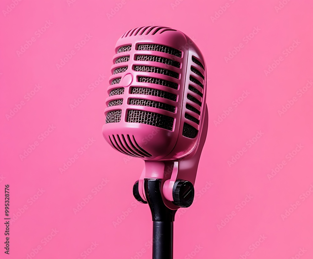 Pink microphone inside an studio with pink background, audio recording ...