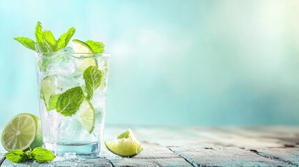 Wall Mural - refreshing summer drink with lime and mint in a glass on a wooden table.