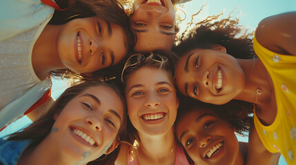 Wall Mural - Portrait close up picture of happy faces young friends standing in circle and looking at camera - Millenial diverse people taking selfie photo - Life style concept with guys