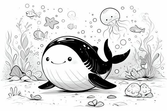 Coloring page, cheerful whale swims in a whimsical underwater scene, accompanied by jellyfish and other marine life.