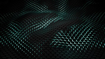 Wall Mural - futuristic wavy field background with a flow of black hexagon shapes and bright blue glow in sci fi 