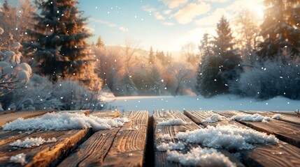 Wall Mural - Wooden desk with space for your decoration and landscape of winter time