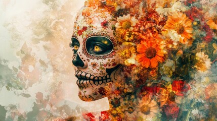 Sticker - Double exposure technique featuring Day of the Dead imagery