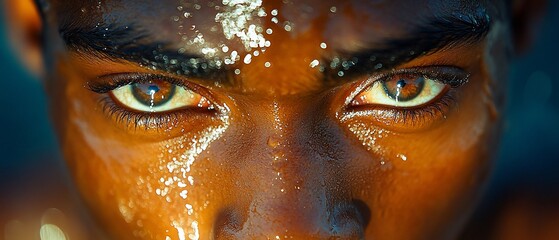 Wall Mural - Close-up of a person's eyes with water droplets on their skin.