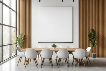 Canvas Print - Modern minimalist conference room with large blank canvas and stylish chairs