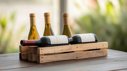 Wine Bottles on Wooden Crate with Natural Background