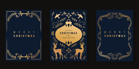Wall Mural - luxury gold christmas invitation card folk design vector. christmas bauble, holly, leaves, snowflake