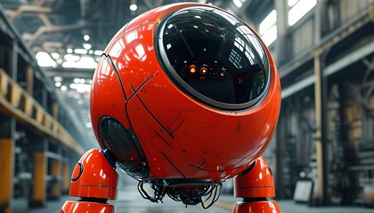 Menacing red robot with a large spherical head embodies power and danger in an industrial landscape, showcasing the future of robotics and technology.