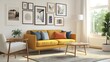 © LooP - Cozy living room interior design view with paintings and photos hanging on the wall, colorful furniture combination