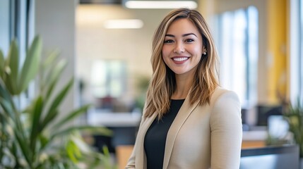 Beautiful female manager smiling happily standing with crossed arms inside the office