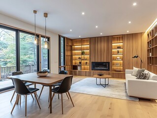 Interior view design of a modern luxury house living room with new unique furniture, there is a dining room in the living room and a fire place in background