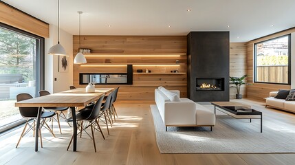 Interior view design of a modern luxury house living room with new unique furniture, there is a dining room in the living room and a fire place in background