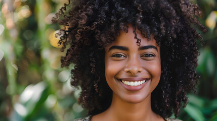 Smiling african woman smiling at camera outdoors - Portrait picture of curly afro american female laughing outside - Happy people life style concept