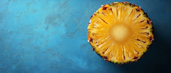 Close-up of a sliced pineapple on a blue background.